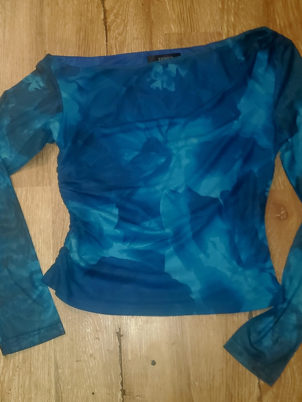 Zesica Blue Long-Sleeve Sheer Assymetrical Top